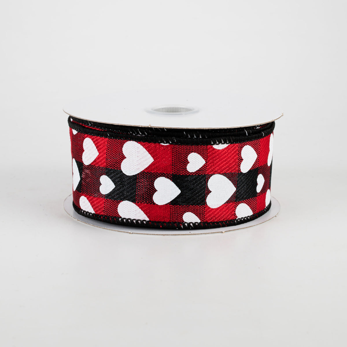 1.5" Hearts On Buffalo Plaid Ribbon: Black, Red, White (10 Yards) Item Number: 11007-09-01
