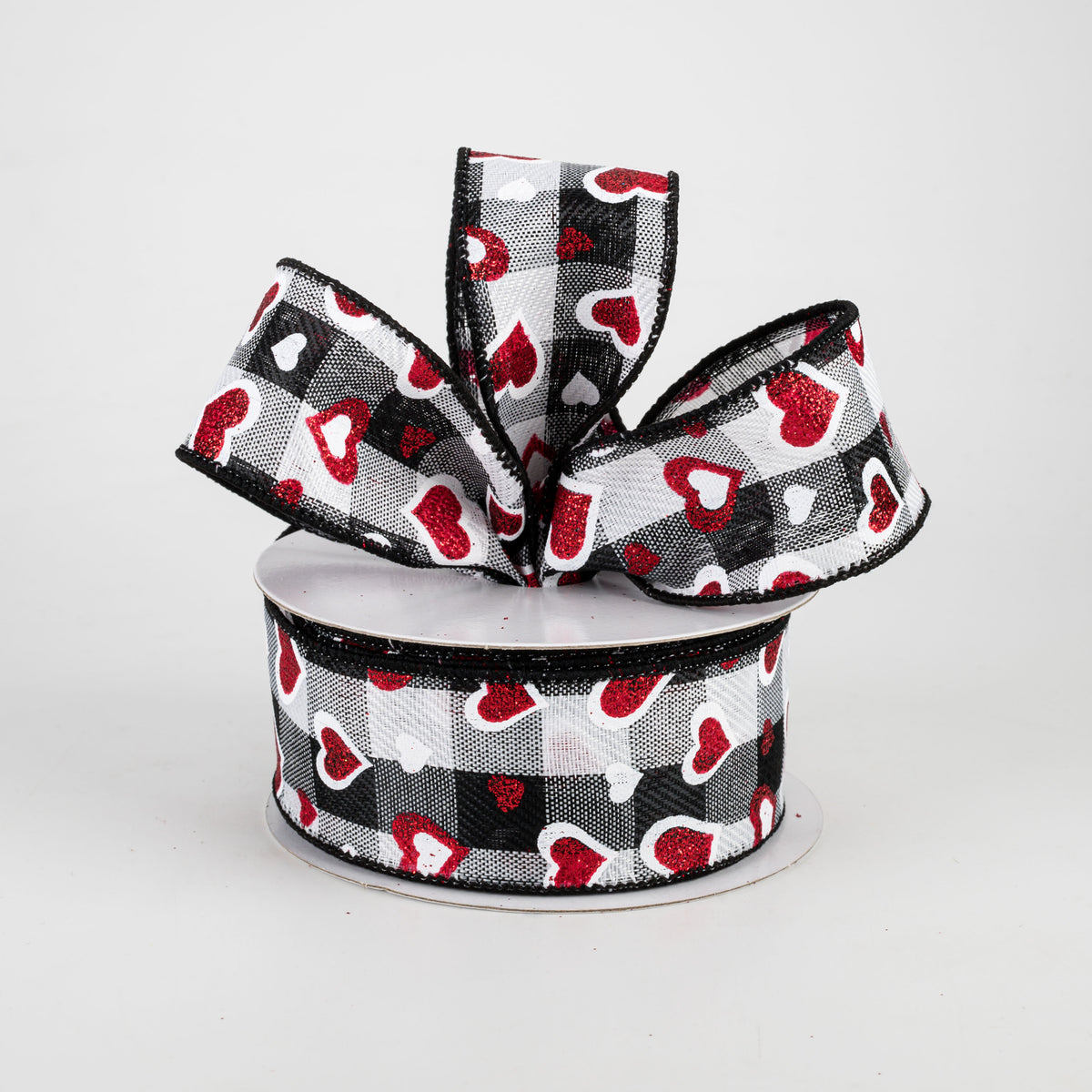 1.5" Hearts On Buffalo Plaid Ribbon: Black, White, Red (10 Yards) Lifestyle Photo