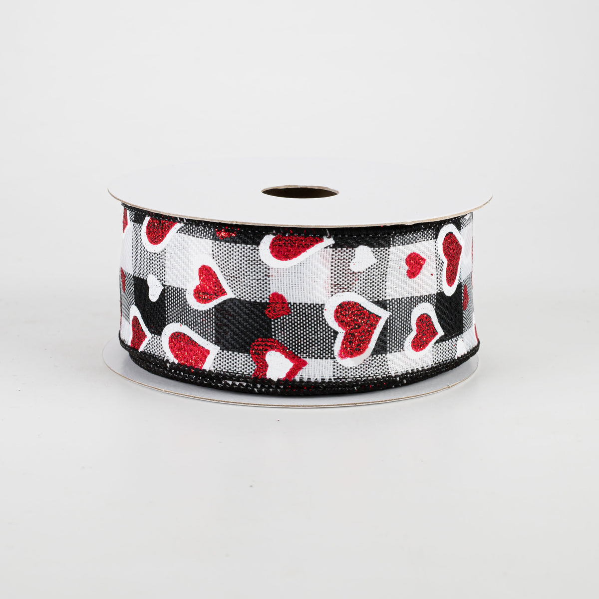 1.5" Hearts On Buffalo Plaid Ribbon: Black, White, Red (10 Yards) Item Number: 11008-09-21