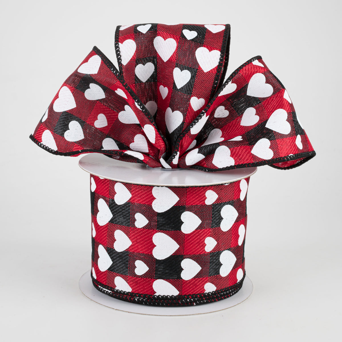 2.5" Hearts On Buffalo Plaid Ribbon: Black, Red, White (10 Yards) Lifestyle Photo