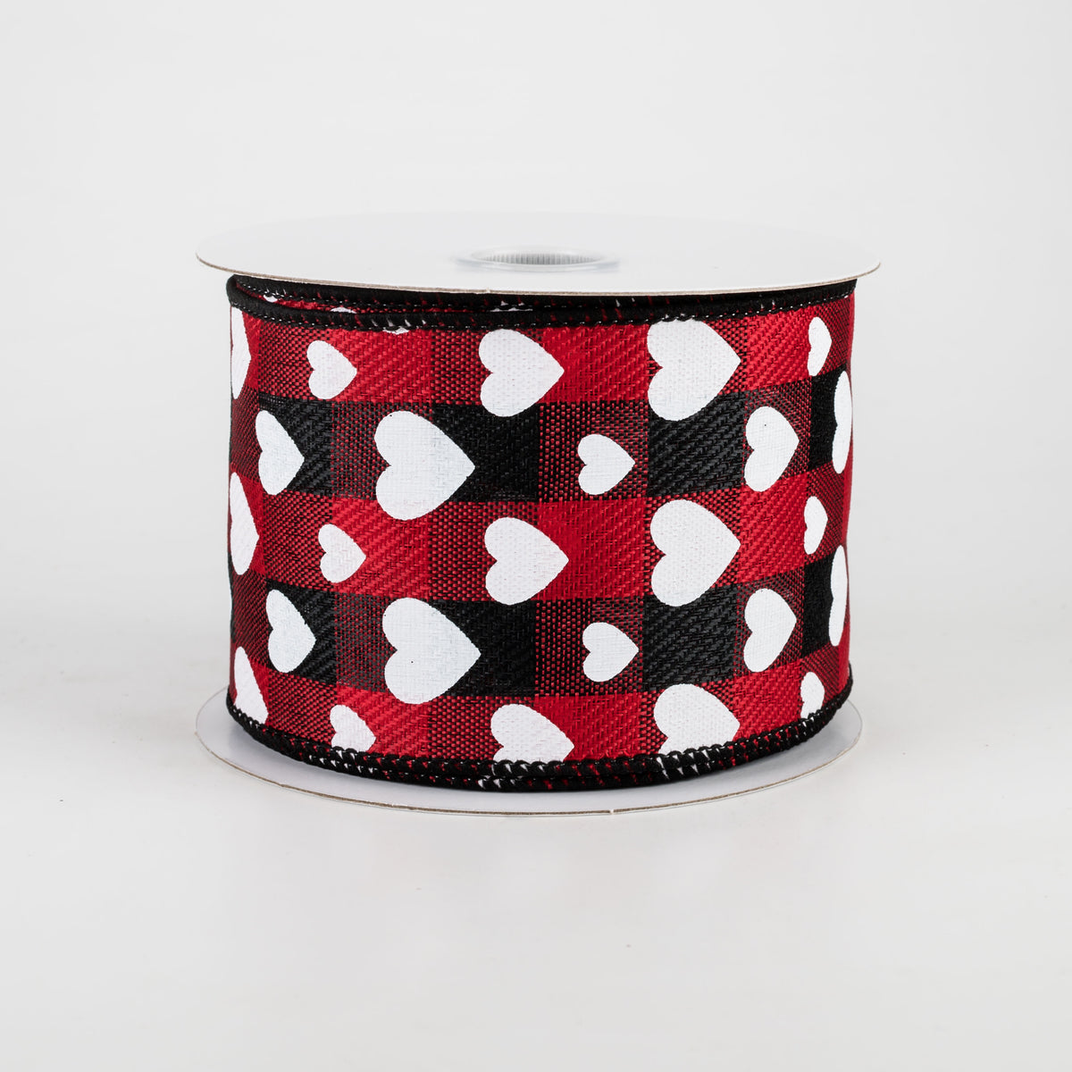 2.5" Hearts On Buffalo Plaid Ribbon: Black, Red, White (10 Yards)