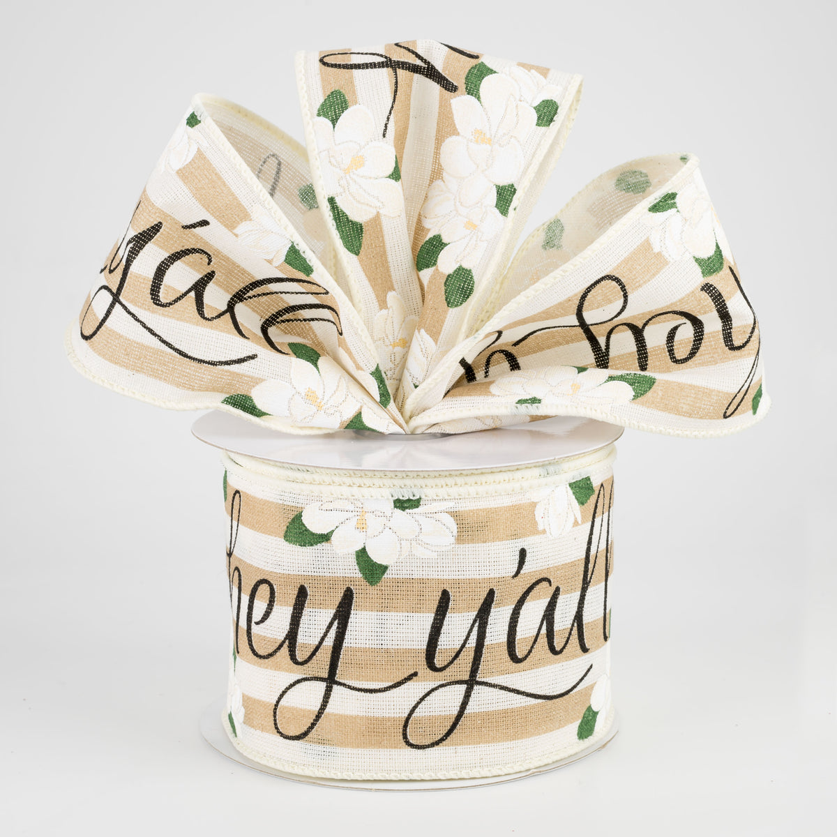 2.5" Hey Y'all Magnolias Ribbon: Light Beige & Off White (10 Yards) Lifestyle Photo