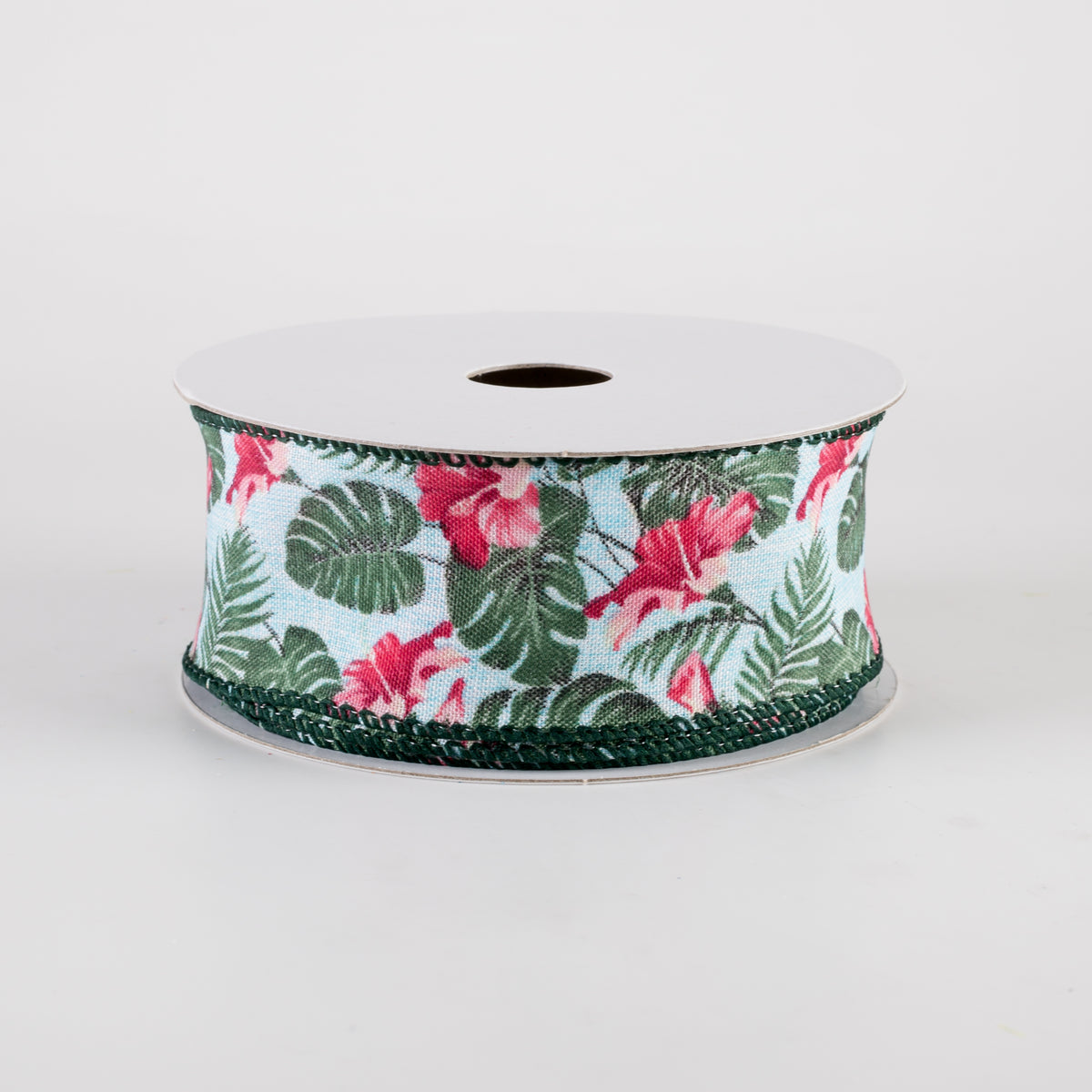 1.5" Hibiscus Monstera Leaves Ribbon: Aqua & Pink (10 Yards)