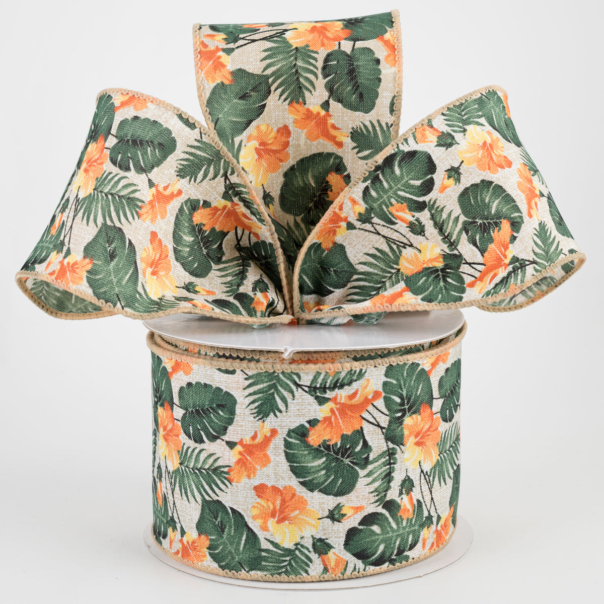 2.5" Hibiscus Monstera Leaves Ribbon: Natural & Orange (10 Yards) Lifestyle Photo