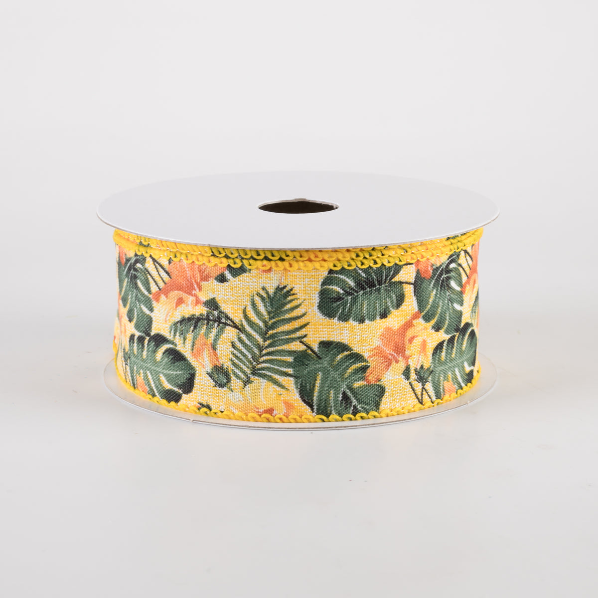 1.5" Hibiscus Monstera Leaves Ribbon: Yellow & Orange (10 Yards)