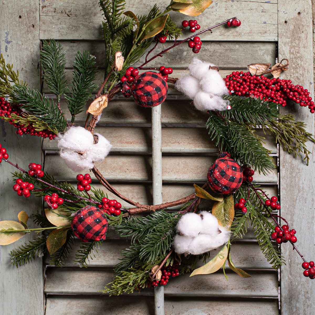 16" Holiday Buffalo Plaid Balls & Cotton Wreath Lifestyle Photo