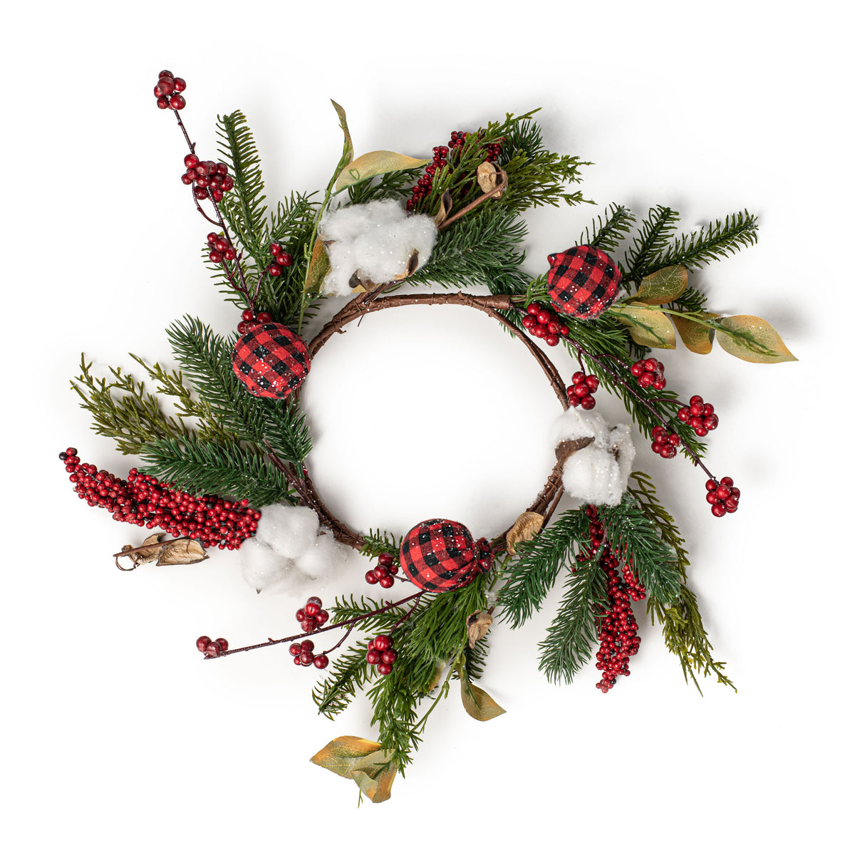 16" Holiday Buffalo Plaid Balls & Cotton Wreath Item Number: ISB75322