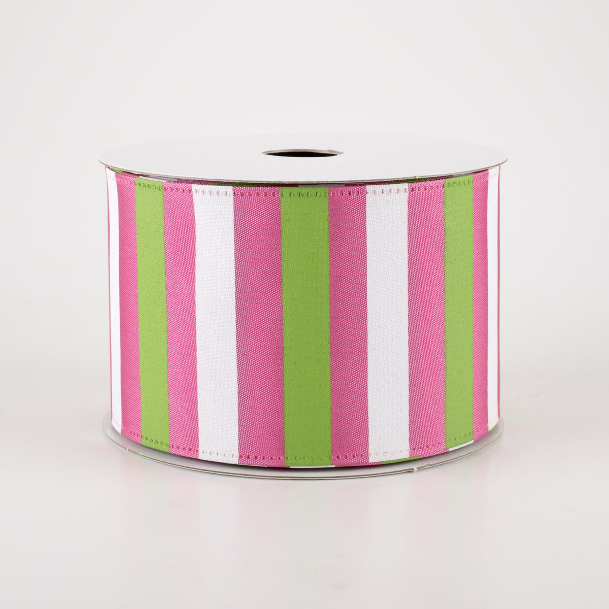 2.5" Horizontal Stripes Satin Ribbon: Lime & White on Fuchsia (10 Yards) Item Number: 45215-40-28
