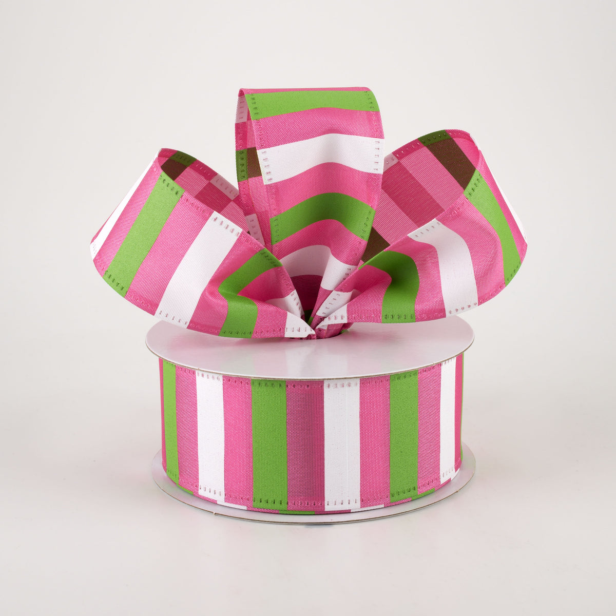 1.5" Horizontal Stripes Satin Ribbon: Lime & White on Fuchsia (10 Yards) Lifestyle Photo