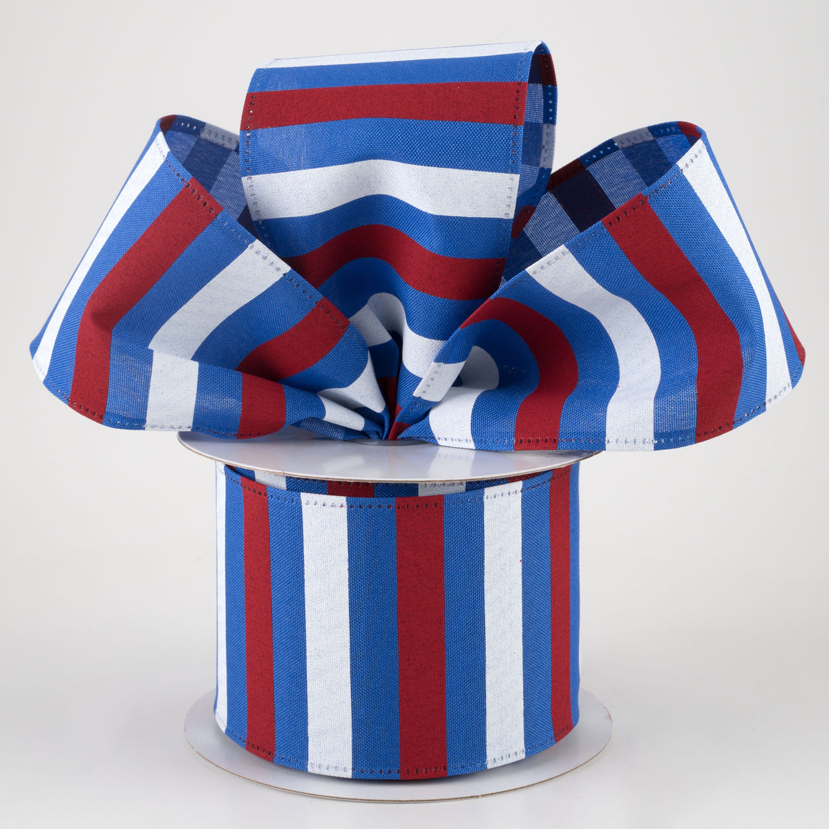 2.5" Horizontal Stripes Satin Ribbon: Red & White on Blue (10 Yards) Lifestyle Photo