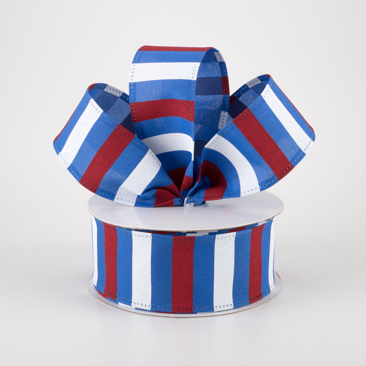 1.5" Horizontal Stripes Satin Ribbon: Red & White on Blue (10 Yards) Lifestyle Photo