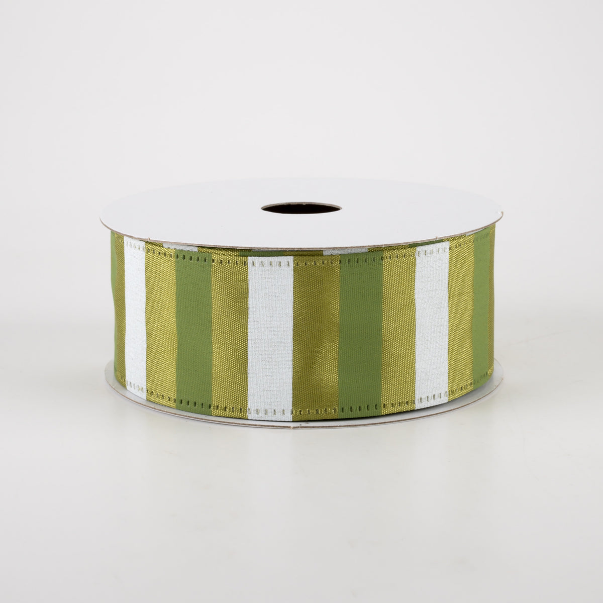 1.5" Horizontal Stripes Satin Ribbon: Sage & White on Moss Green (10 Yards)