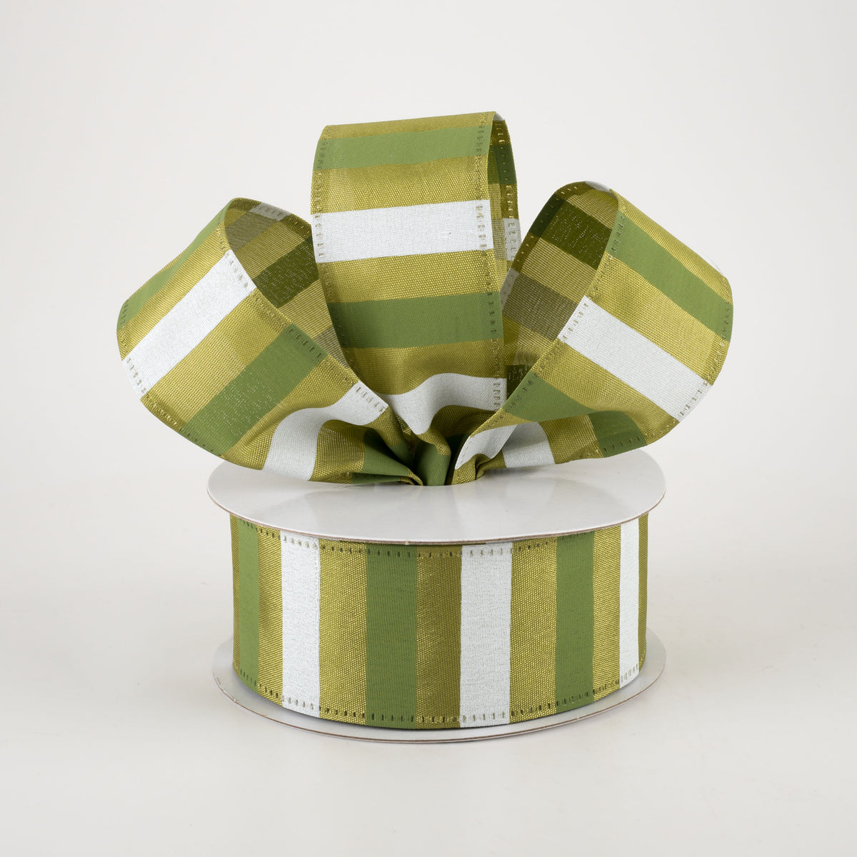 1.5" Horizontal Stripes Satin Ribbon: Sage & White on Moss Green (10 Yards) Lifestyle Photo