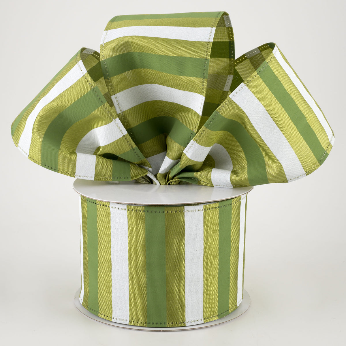 2.5" Horizontal Stripes Satin Ribbon: Sage & White on Moss Green (10 Yards) Lifestyle Photo