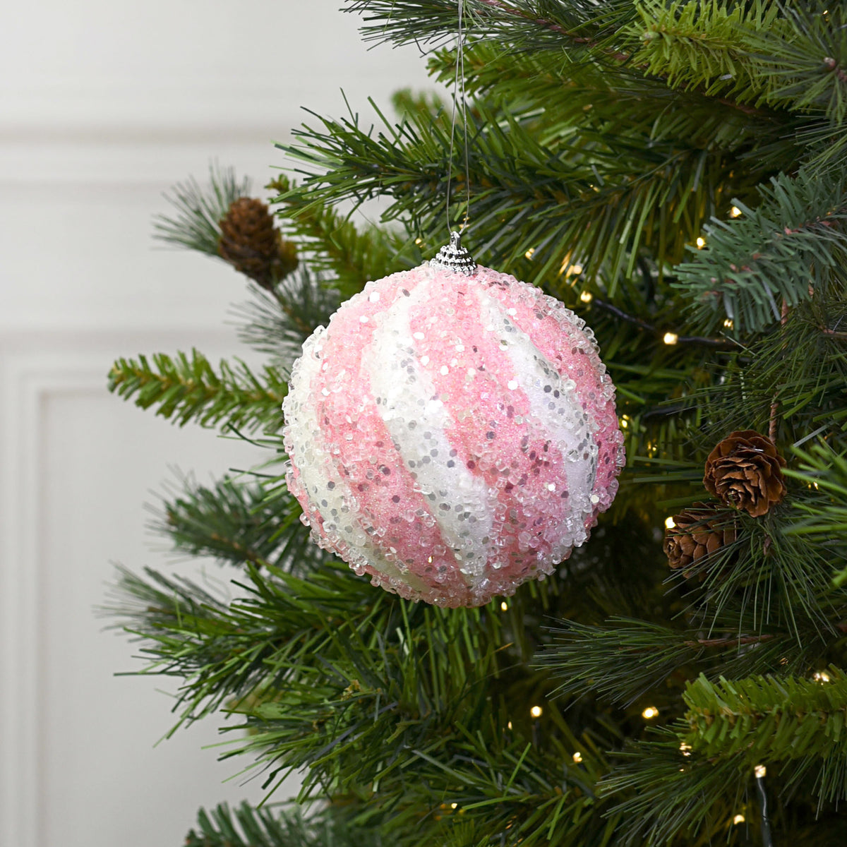 4.5" Icy Ball Ornament: Pink & White Lifestyle Photo
