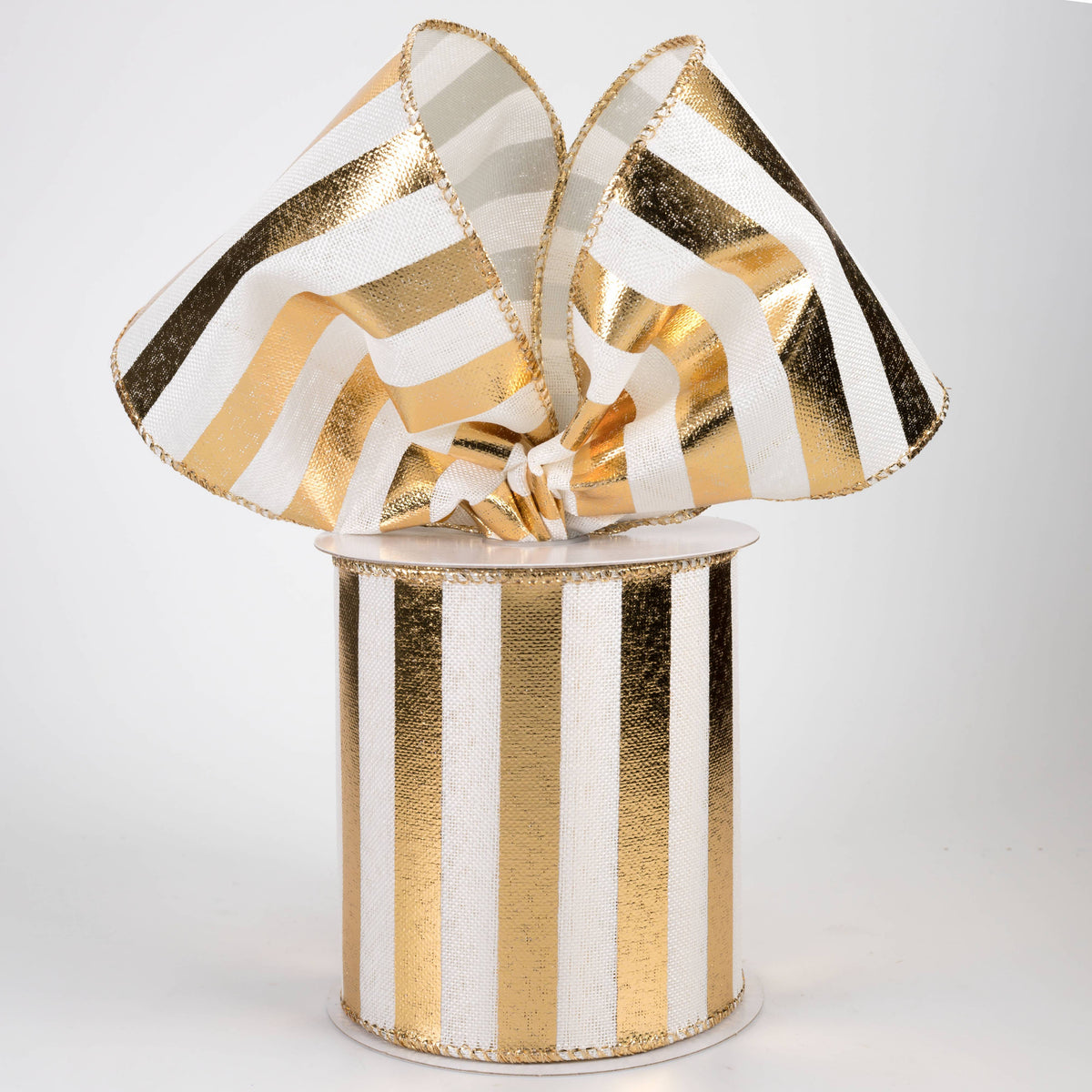 4" Linen Embossed Metallic Stripes Ribbon: Gold on White (10 Yards)