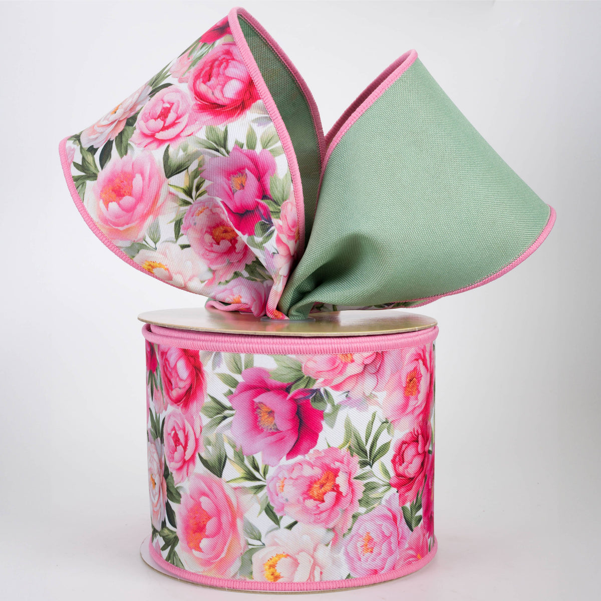 4" Double Sided Fused Peonies Ribbon: Pink & Green (10 Yards)