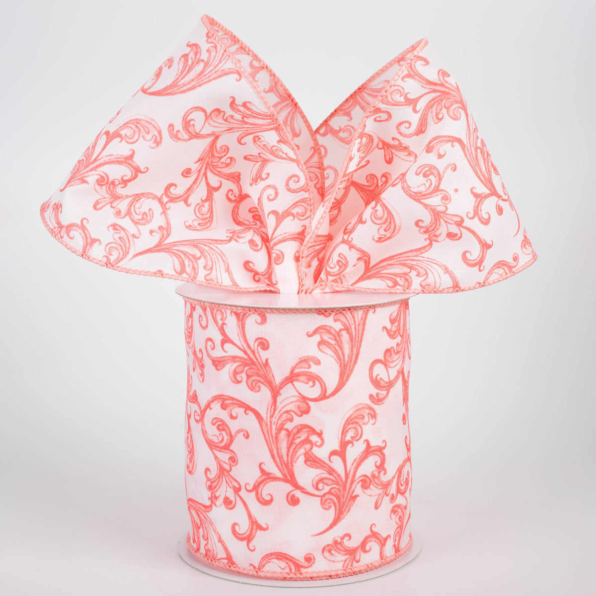 4" Satin Chinoiserie Swirls Ribbon: Coral on White (10 Yards)