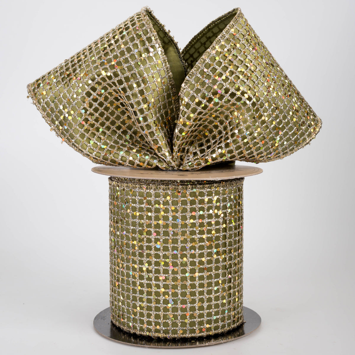 [D Stevens] 4" Taffeta Glitter Mesh Ribbon: Champagne & Olive (10 Yards)