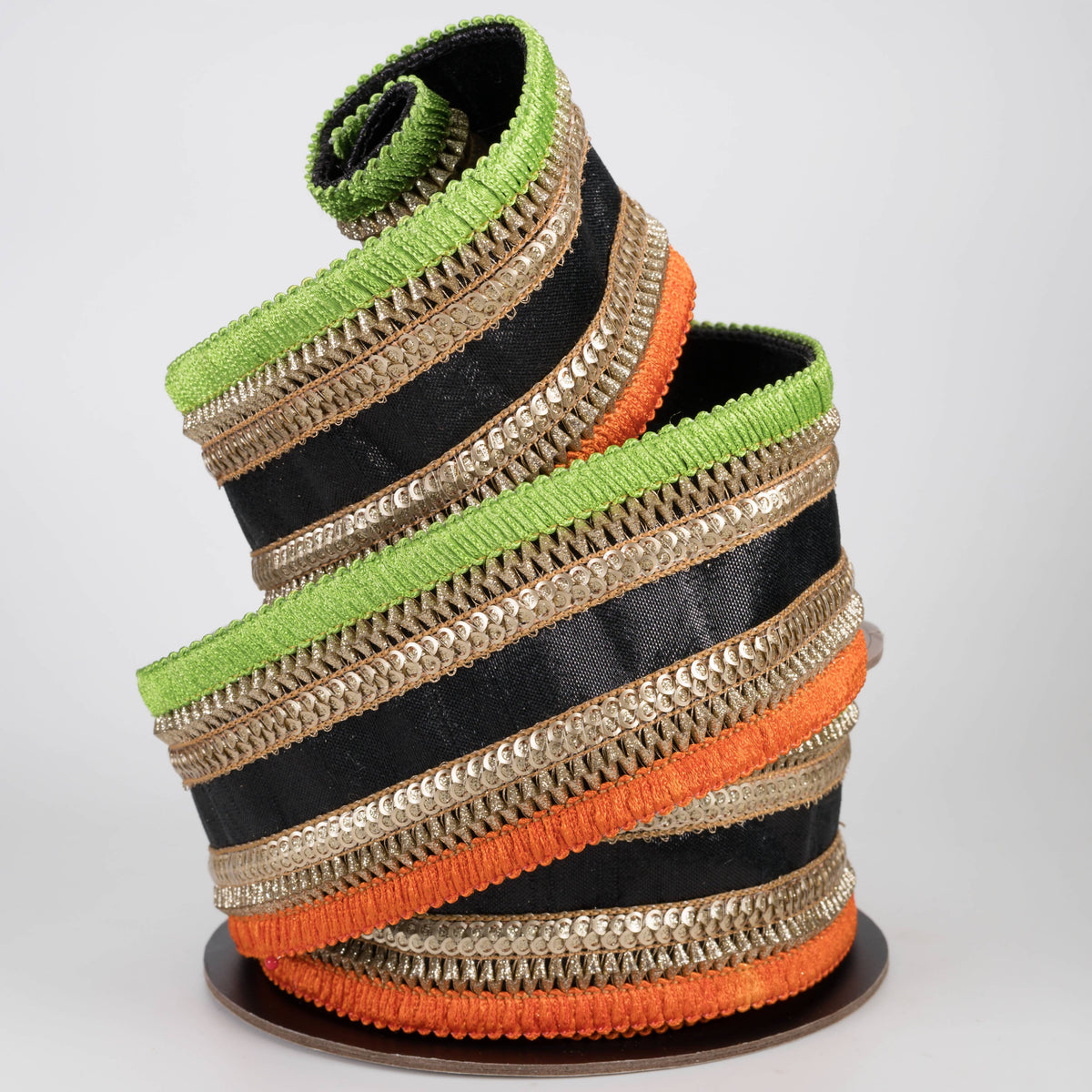 [D Stevens] 2.5" Metallic Dupioni & Sequin Ribbon: Black, Orange & Lime (5 Yards)