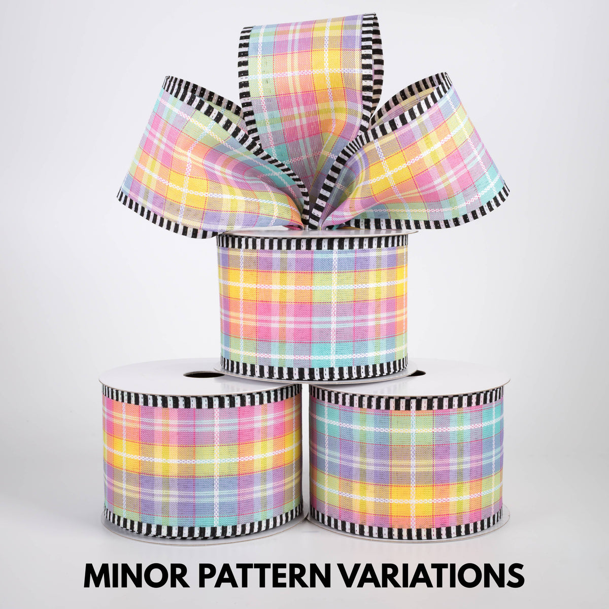 2.5" Kennedy Plaid B&W Stripe Edge Ribbon: Pastel (10 Yards)