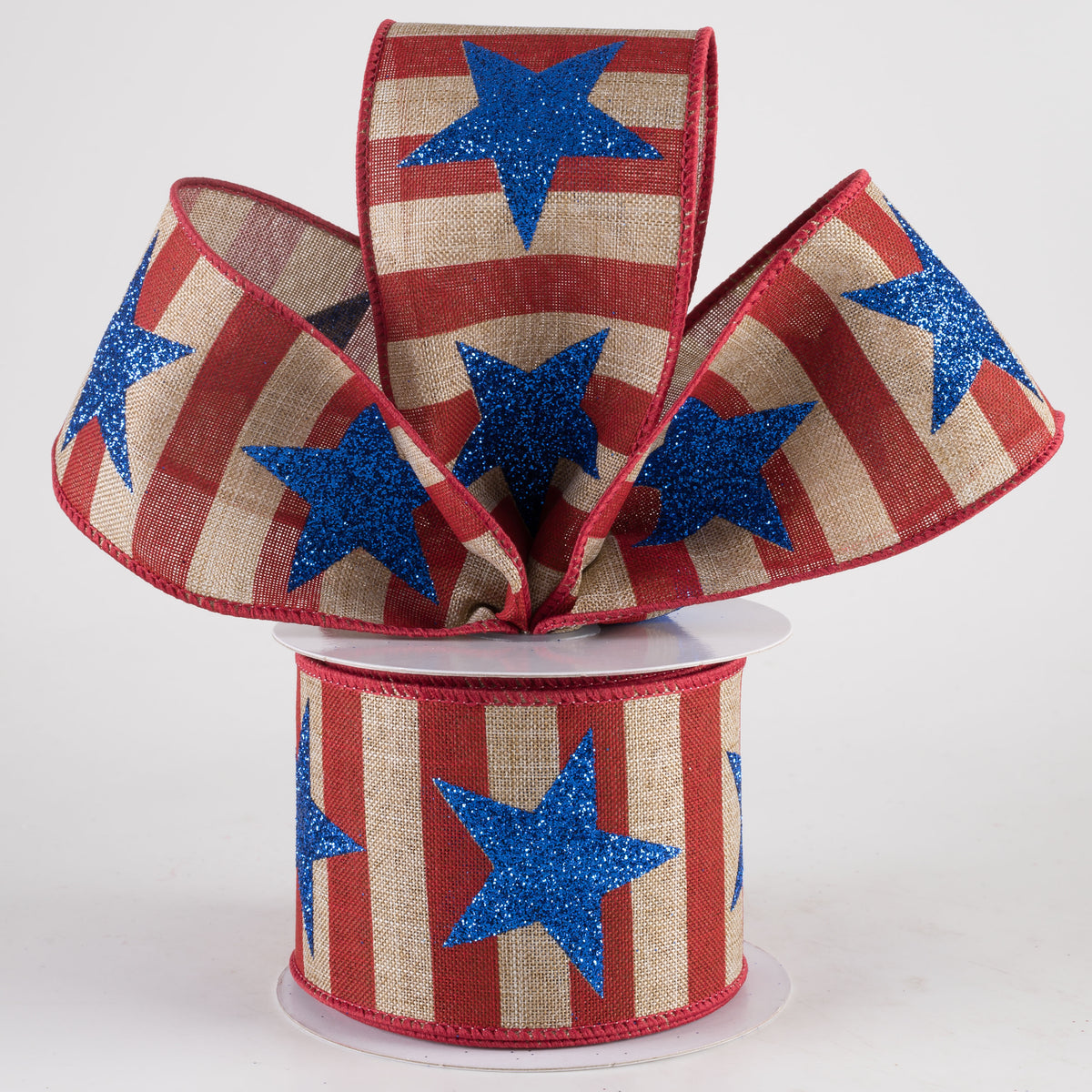 2.5" Bold Stars & Stripes Ribbon: Red, Beige & Royal Blue (10 Yards)