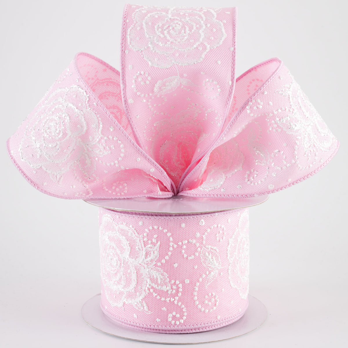 2.5" Raised Print Roses Ribbon: White on Light Pink (10 Yards)