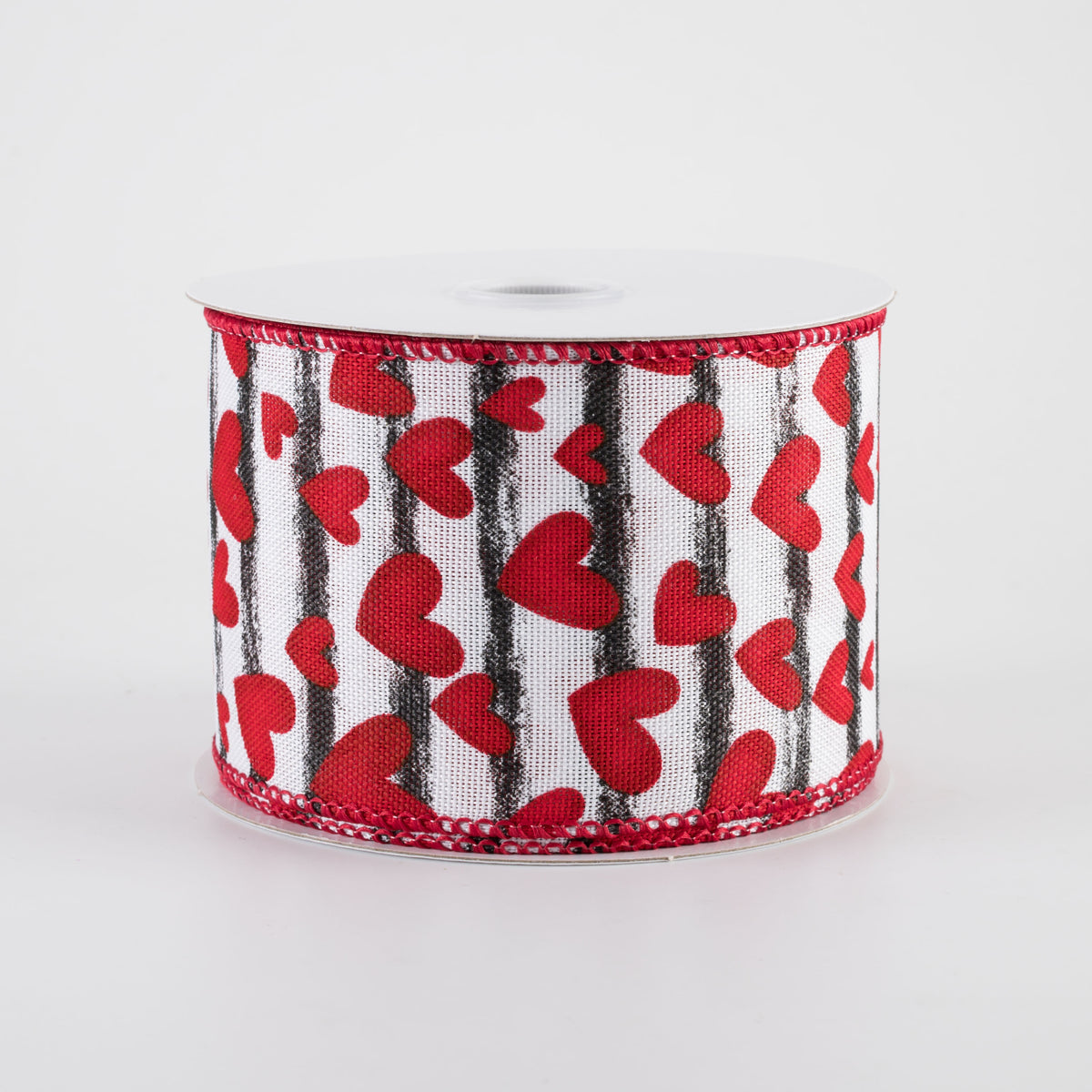 2.5" Linen Benson Red Hearts Ribbon: Black & White Watercolor Stripes (10 Yards)
