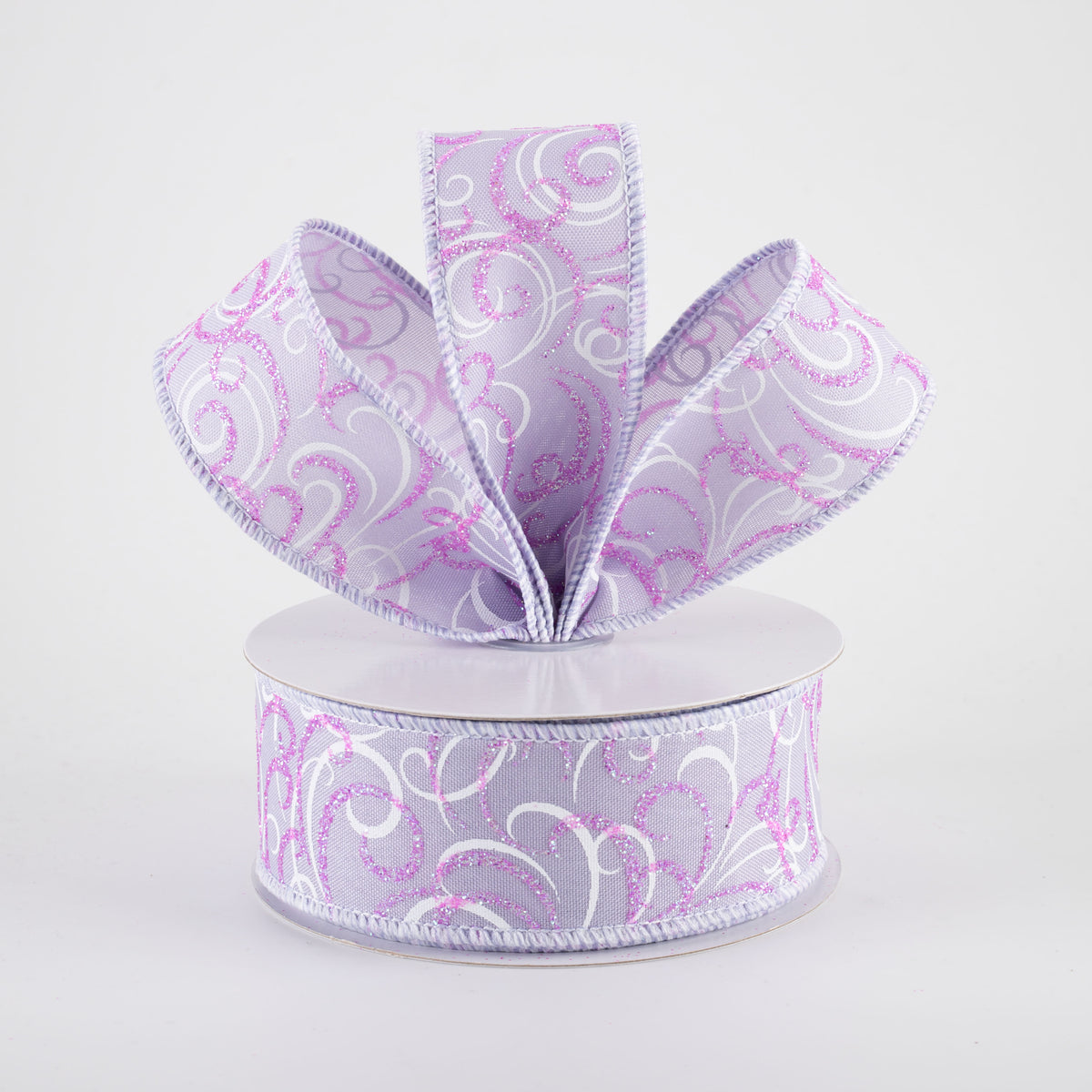 1.5" Glittered Multi Swirls Ribbon: Iridescent Pink & White on Lavender (10 Yards)