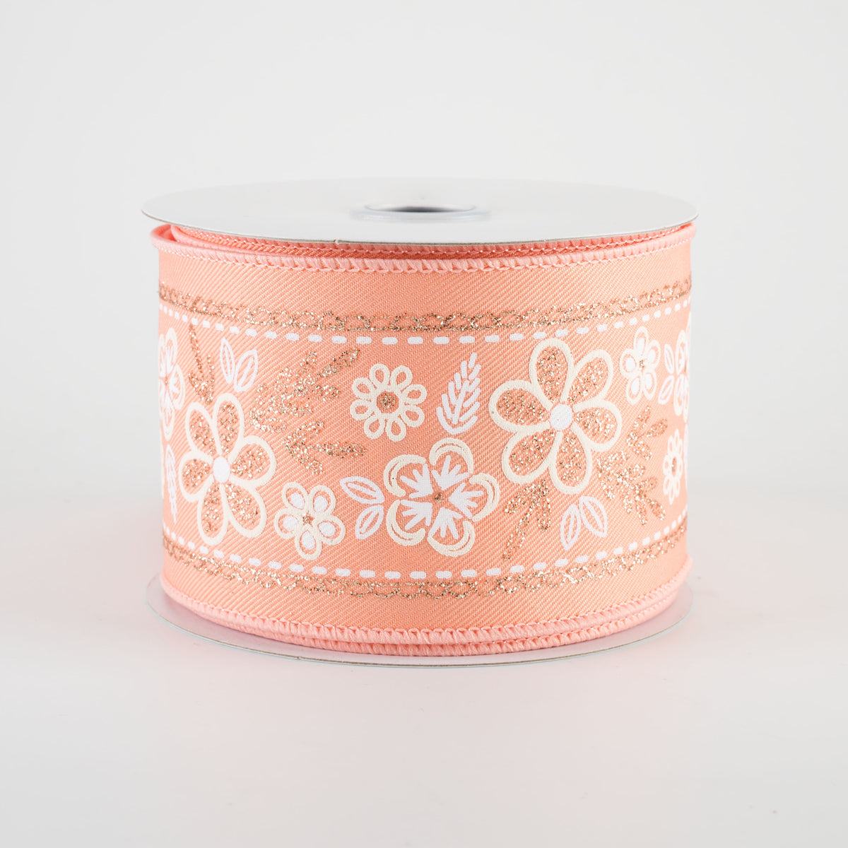 2.5" Glittered Floral Trim Ribbon: Ivory, White & Champagne on Peach (10 Yards)
