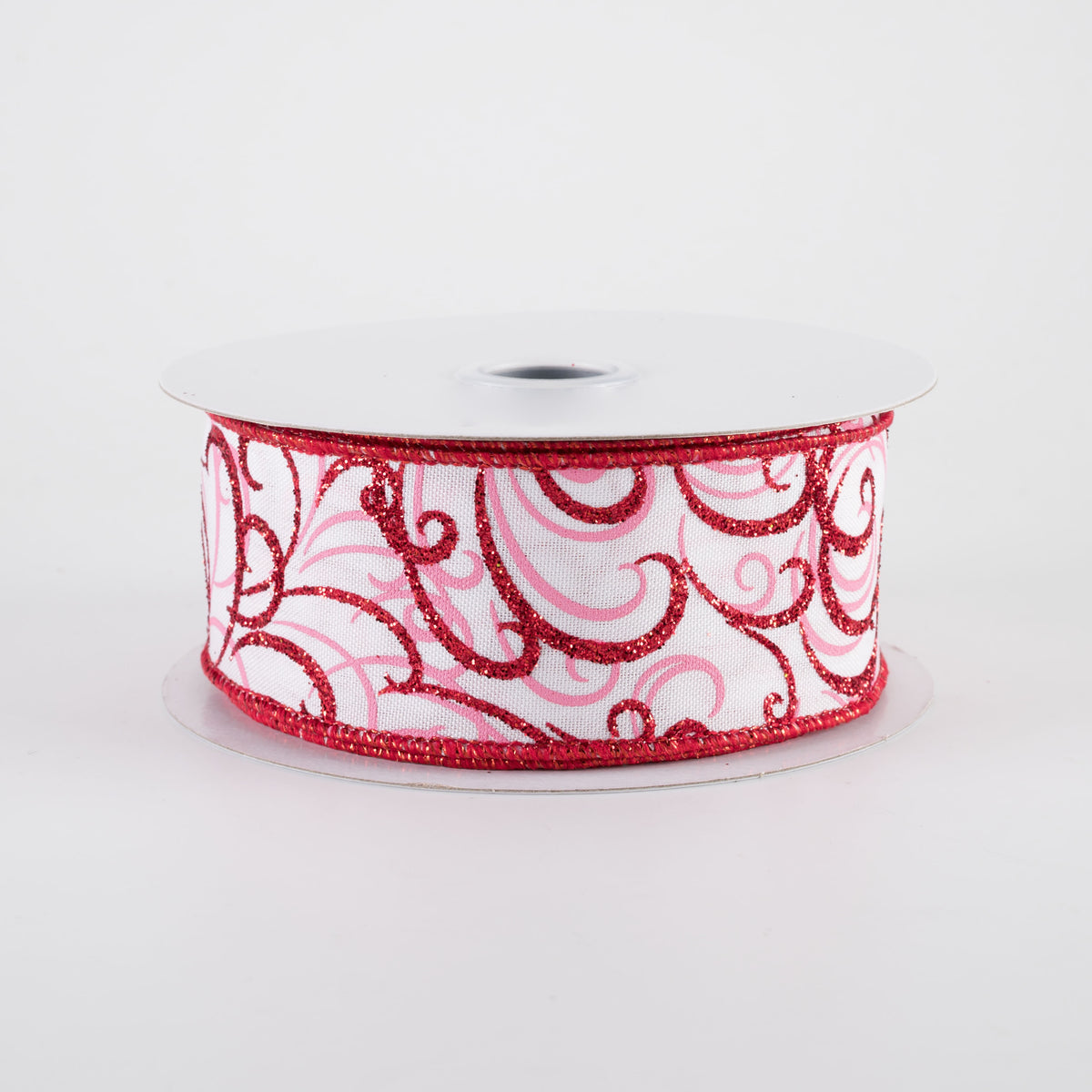 1.5" Glittered Multi Swirls Ribbon: Red & Pink on White (10 Yards)