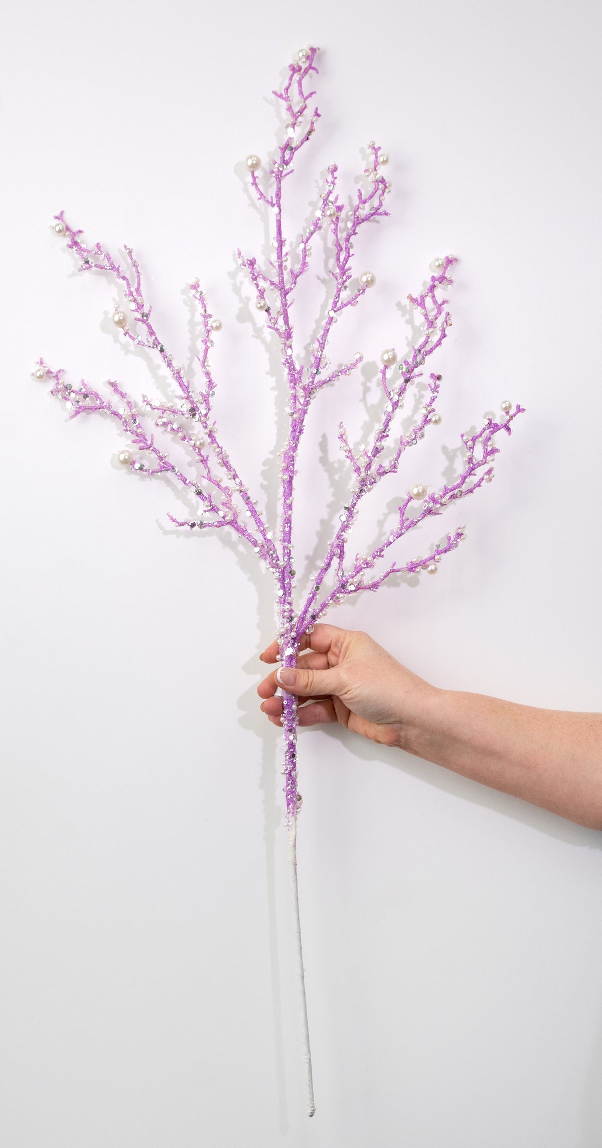 33" Pearls & Iridescent Glitter Twig Spray: Lavender Purple
