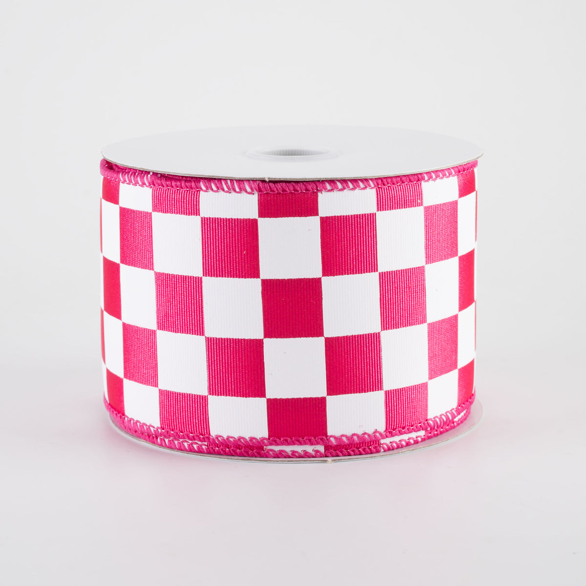 2.5" Ribbed Satin Race Check Ribbon: Fuchsia Pink & White (10 Yards)