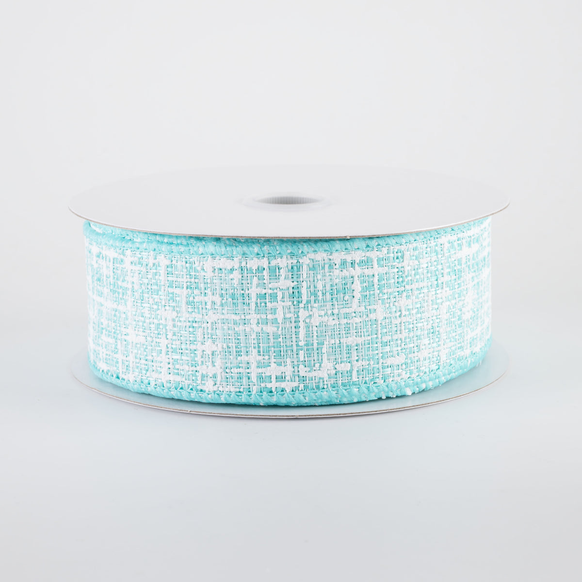 1.5" Embellished Tweed Ribbon: Aqua Blue & White (10 Yards)