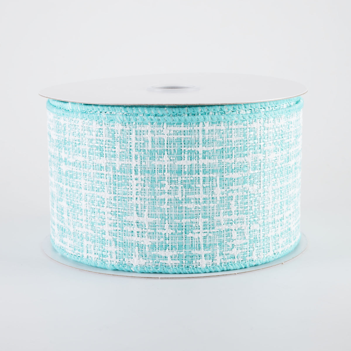 2.5" Embellished Tweed Ribbon: Aqua Blue & White (10 Yards)