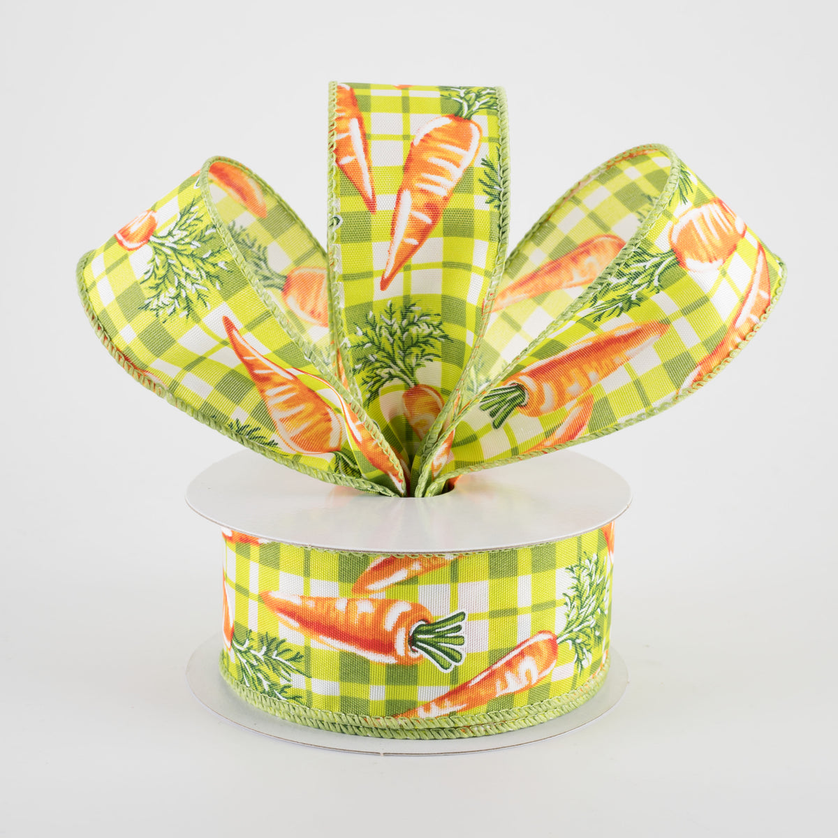 1.5" Watercolor Carrots on Plaid Ribbon: Green & Lime (10 Yards)