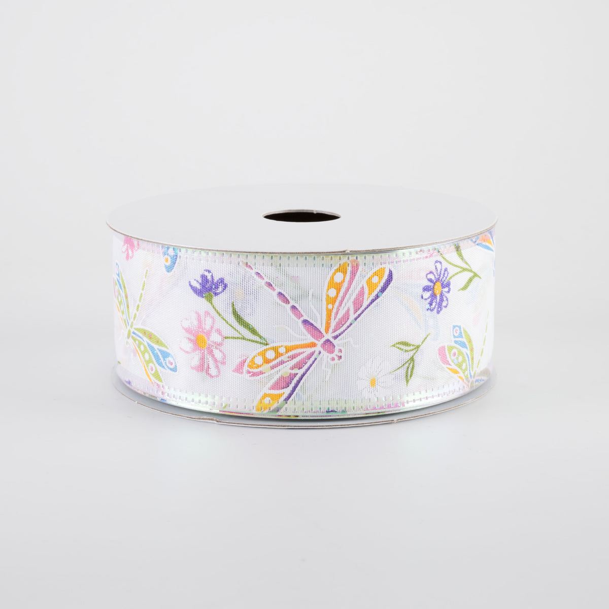 1.5" Iridescent Dragonflies & Flowers Ribbon: White (10 Yards)