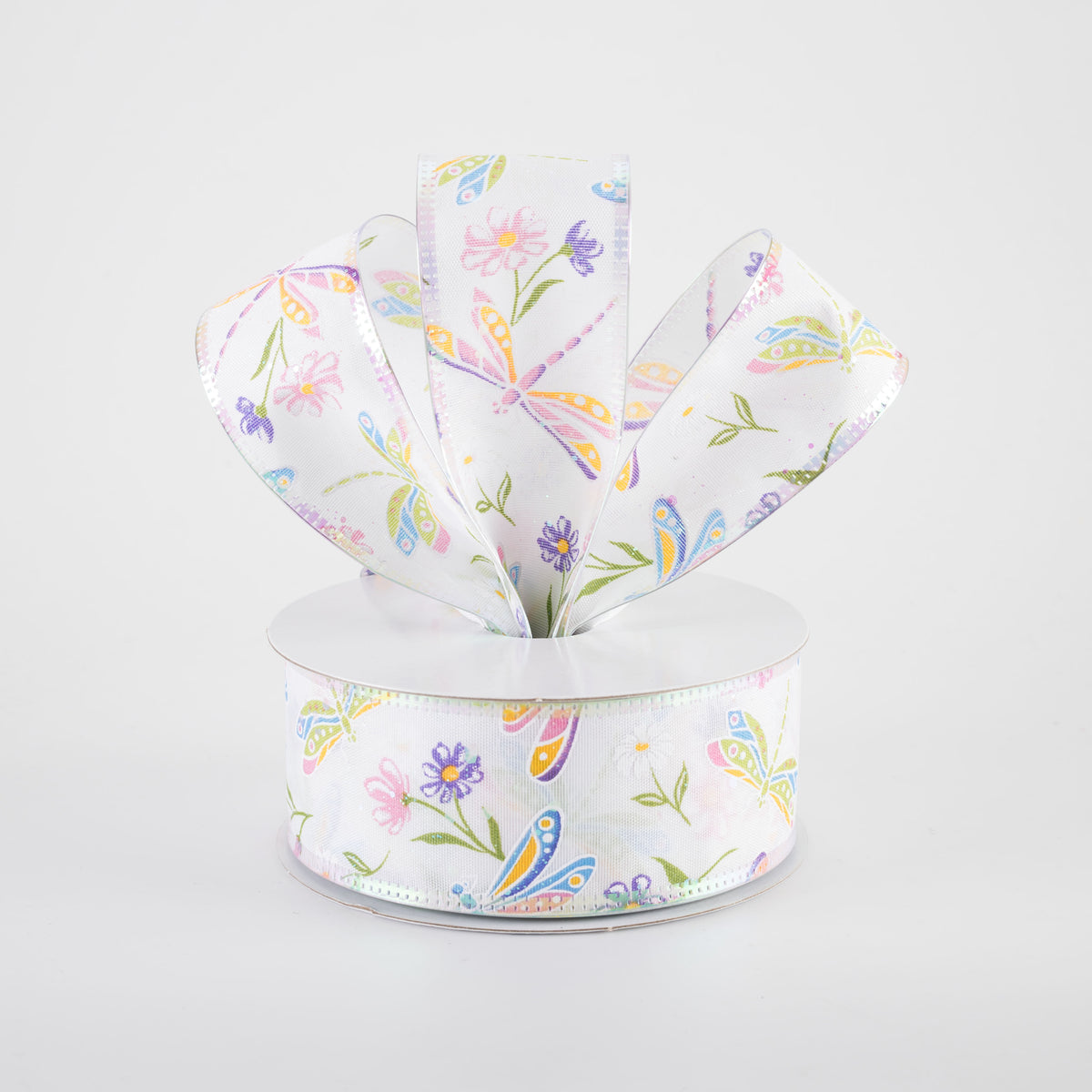 1.5" Iridescent Dragonflies & Flowers Ribbon: White (10 Yards)