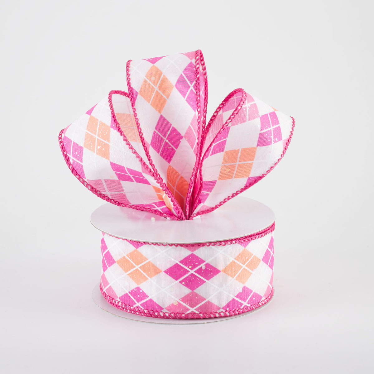 1.5" Iridescent Argyle Ribbon: White, Pink, Fuchsia & Peach (10 Yards)