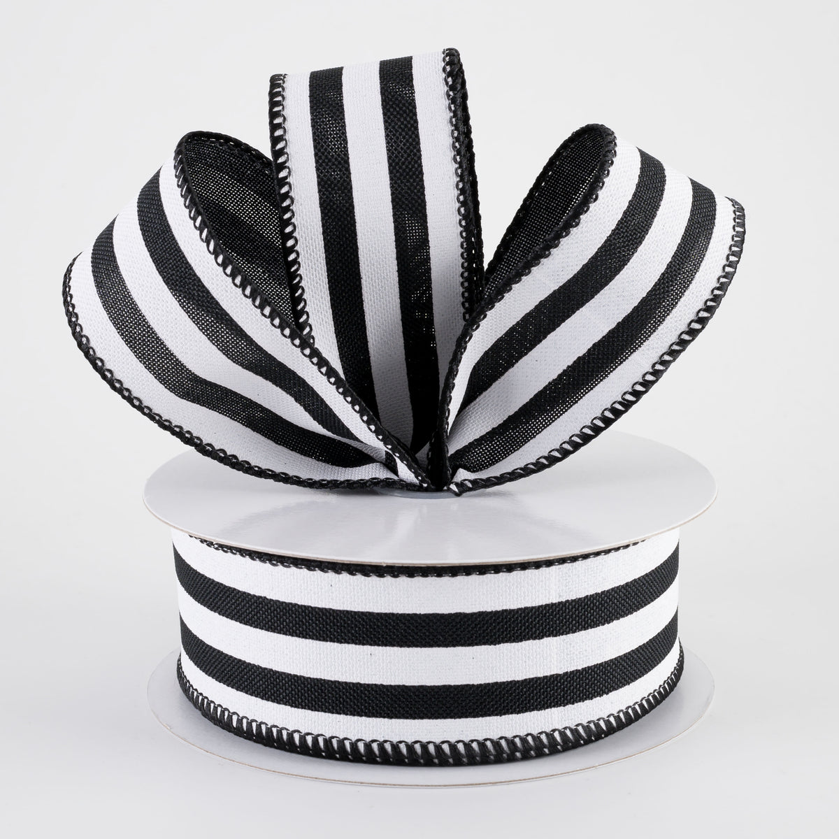 1.5" Linen Wide Cabana Stripes Ribbon: Black & White (10 Yards)