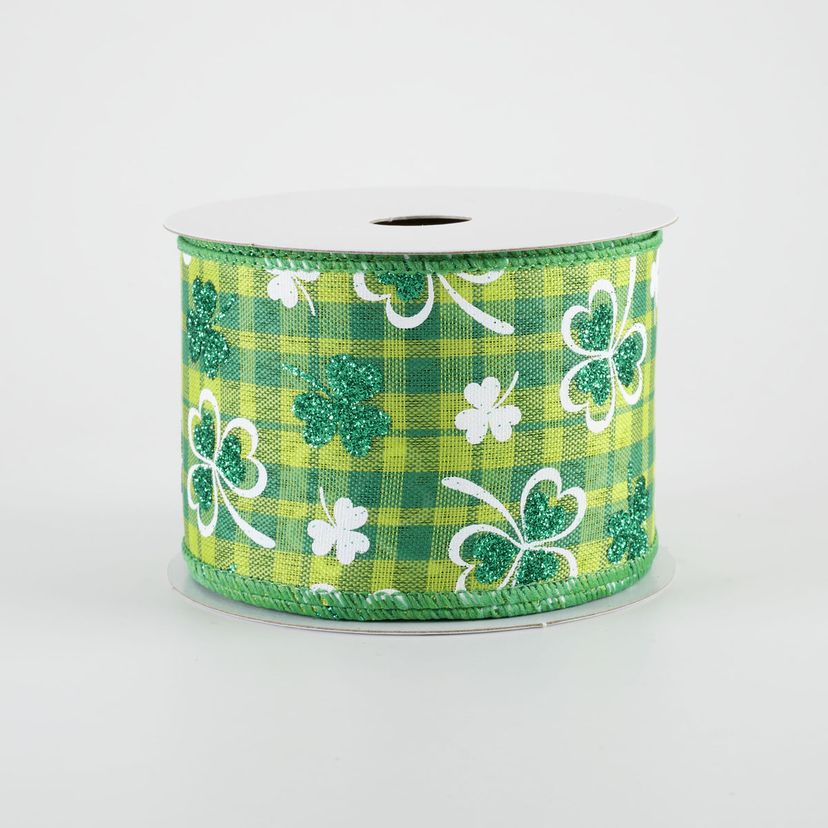 2.5" Glitter Shamrocks on Green Plaid Ribbon (10 Yards)