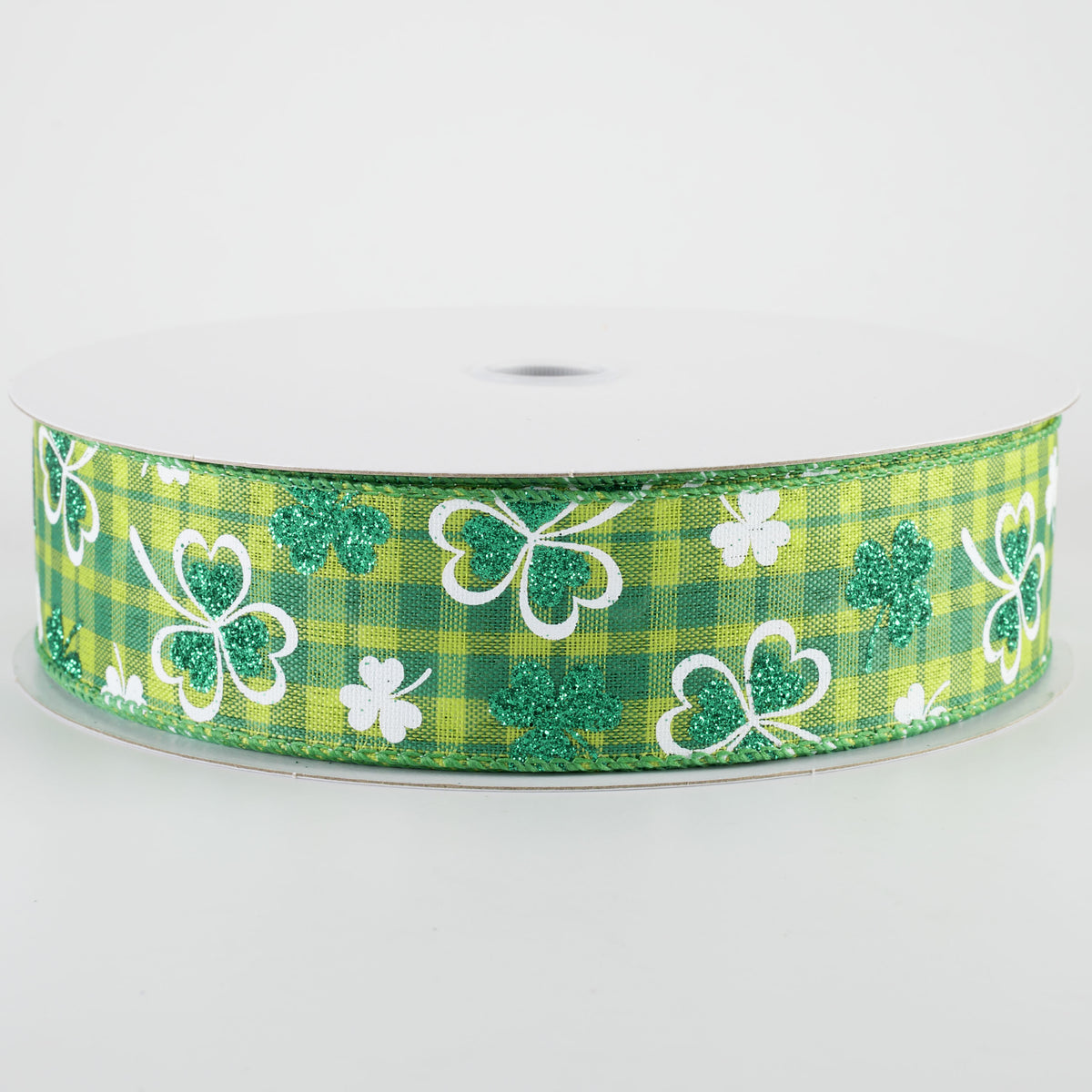 1.5" Glitter Shamrocks on Green Plaid Ribbon (50 Yards)