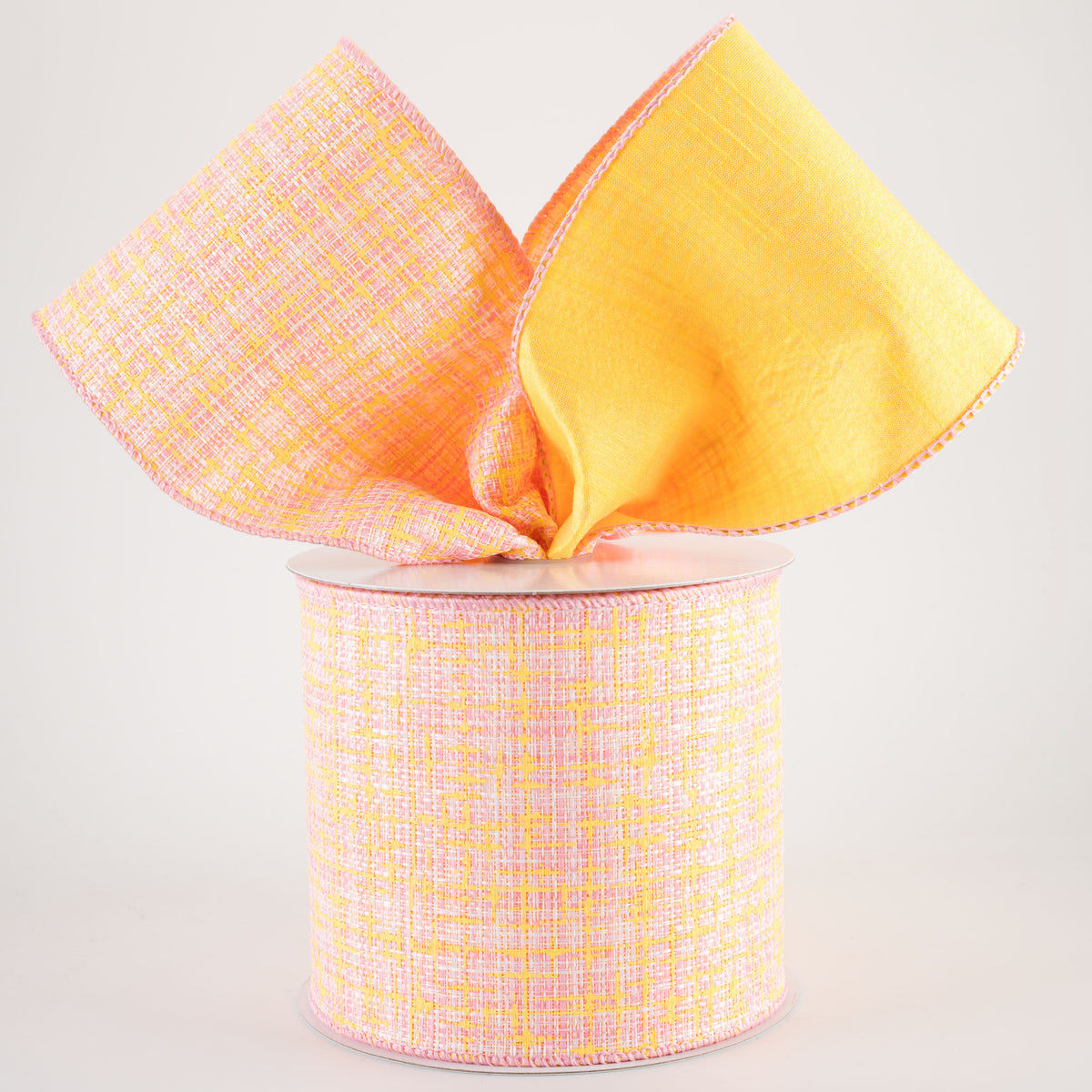 4" Double Sided Embellished Tweed & Dupioni Ribbon: Pink & Yellow (10 Yards)