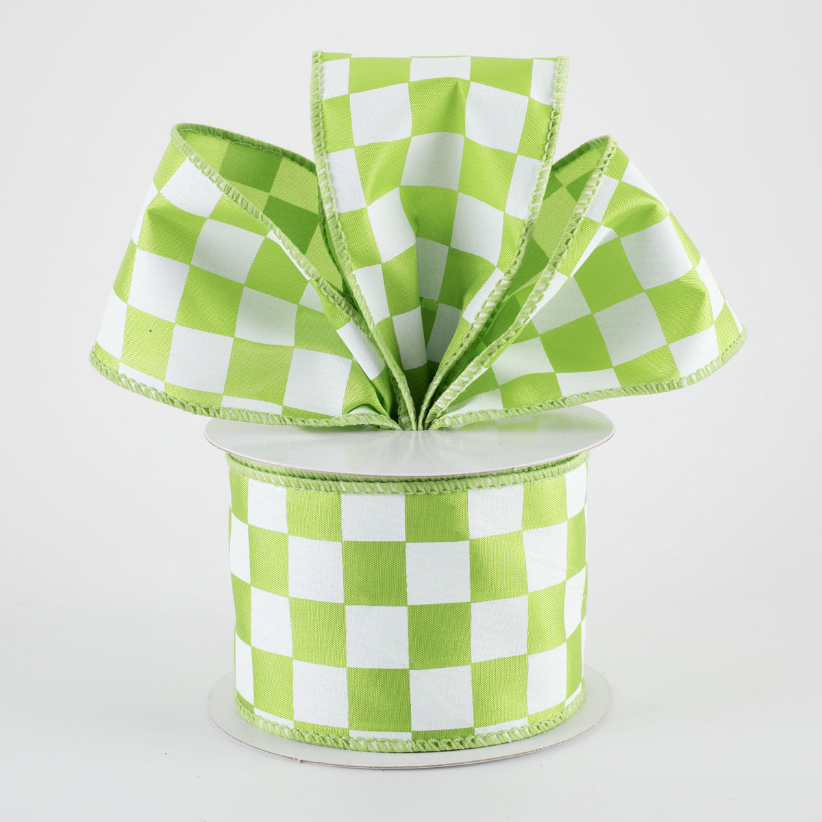 2.5" Satin Race Check Ribbon: Lime Green & White (10 Yards)