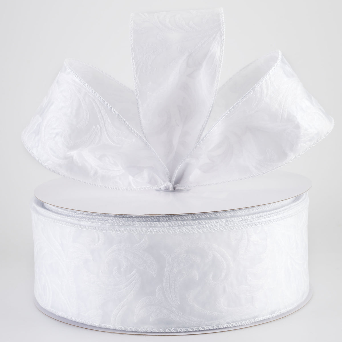2.5" Embossed Leaf Filagree Breeze Ribbon: White (50 Yards)
