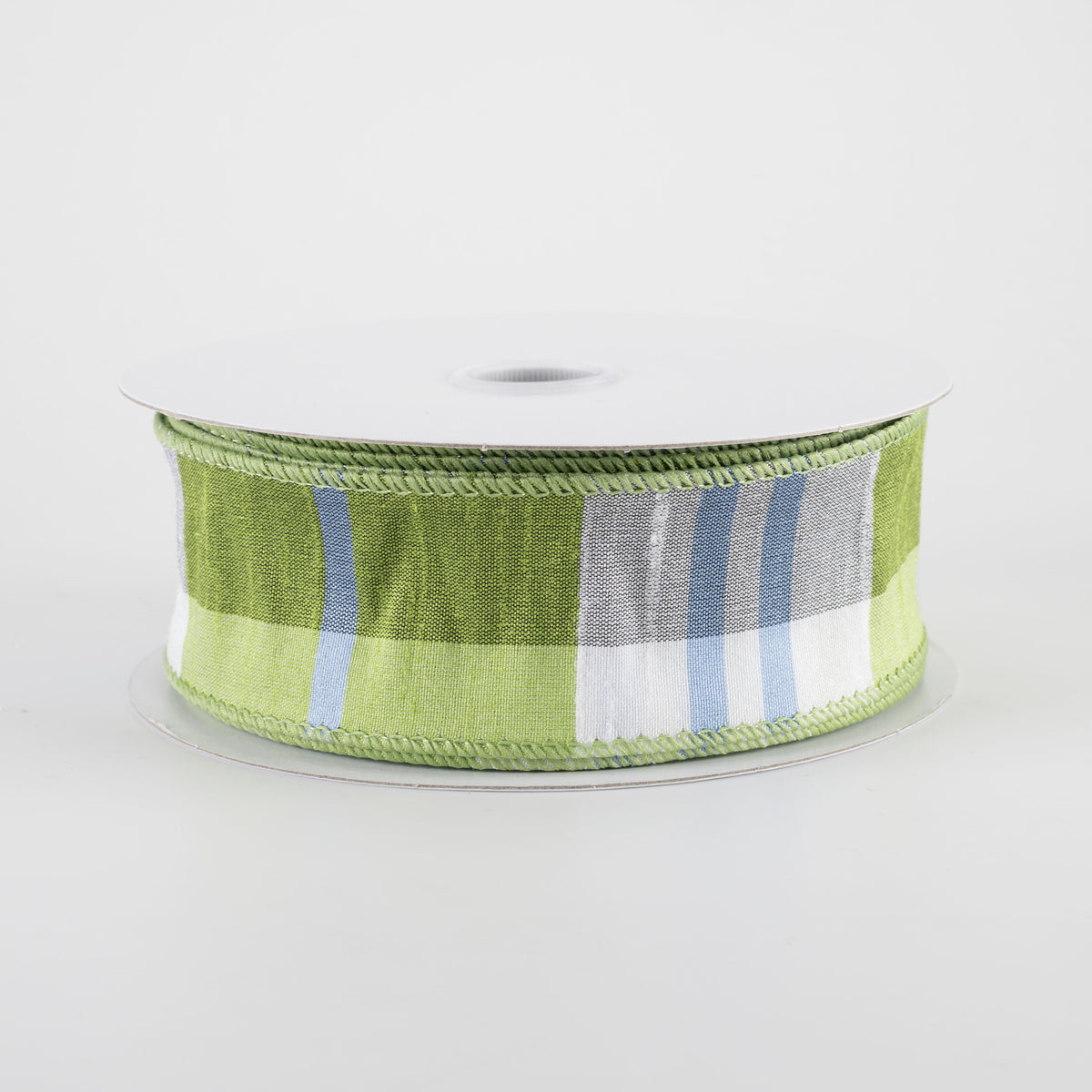 1.5" Faux Dupioni Plaid Ribbon: Kiwi Green, Iris Blue & White (25 Yards)