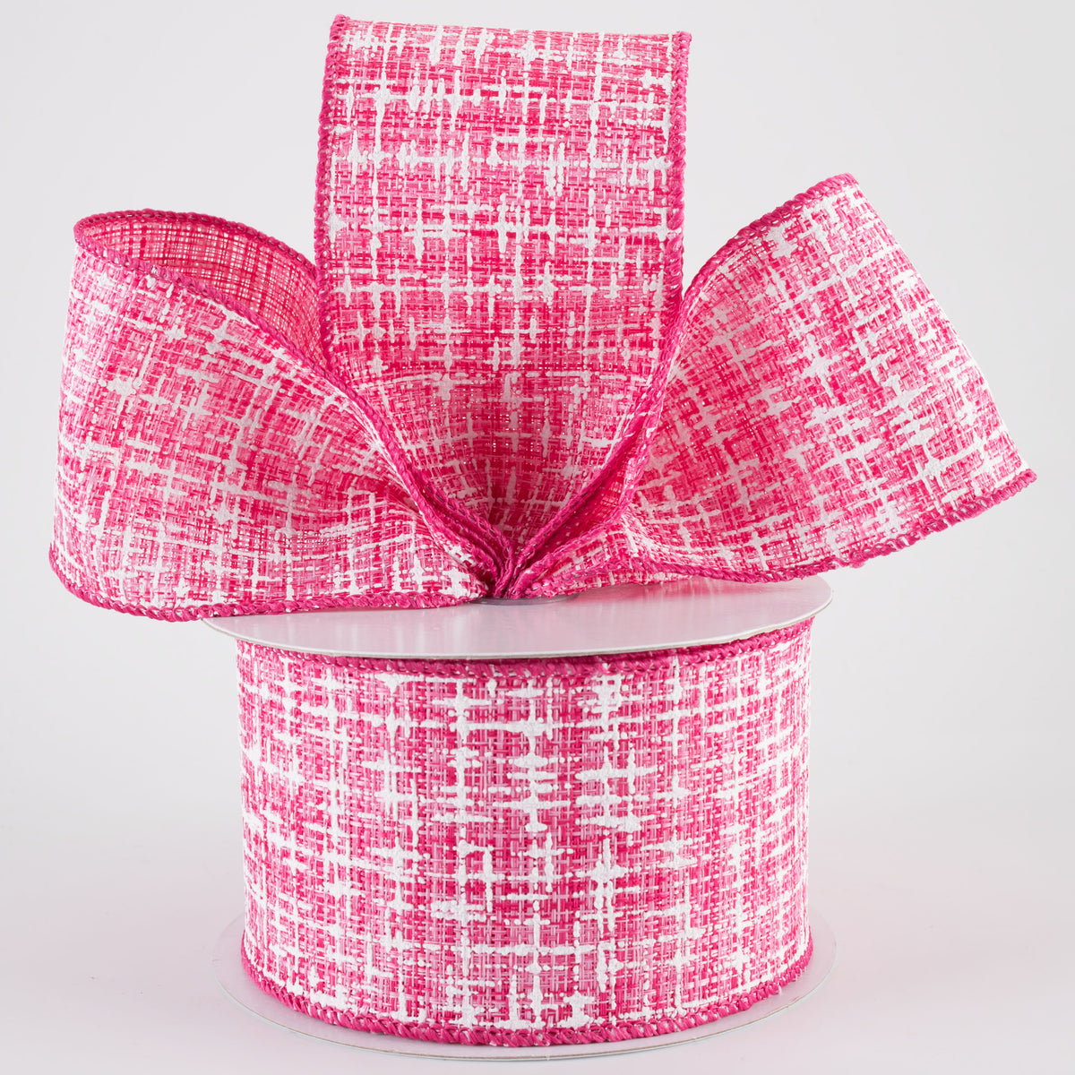 2.5" Embellished Tweed Ribbon: Fuchsia Pink & White (10 Yards)