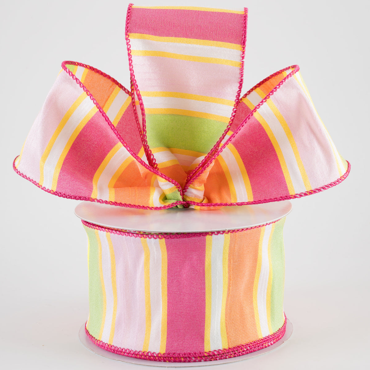 2.5" Faux Dupioni Stripes Ribbon: Fuchsia, Pink, Yellow & Orange (25 Yards)