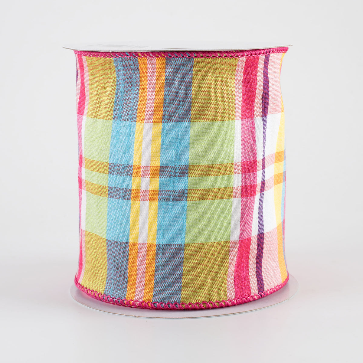 4" Faux Dupioni Plaid Ribbon: Fuchsia, Lime, Blue & Yellow (10 Yards)