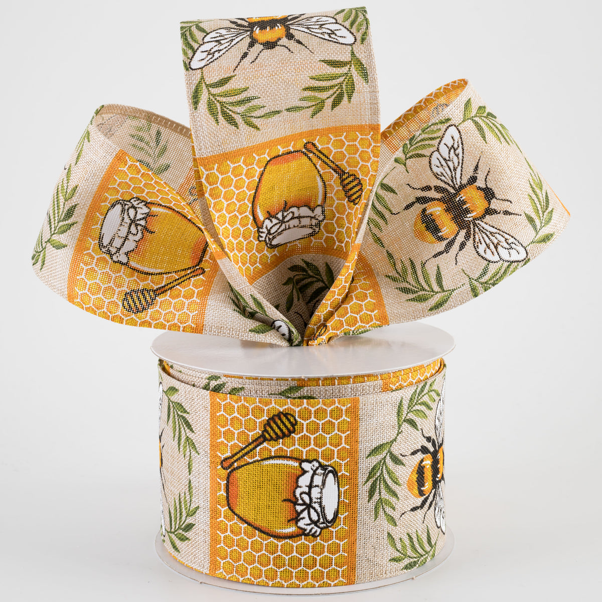 2.5" Linen Bees & Honey Pot Blocks Ribbon: Natural (10 Yards)